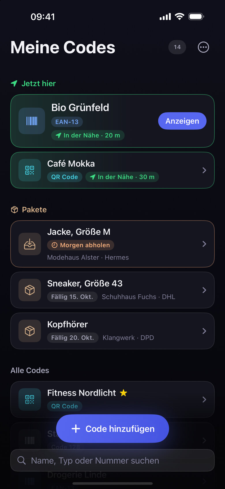 Liste der gespeicherten Codes mit einem Supermarkt-Code oben unter „Jetzt hier“