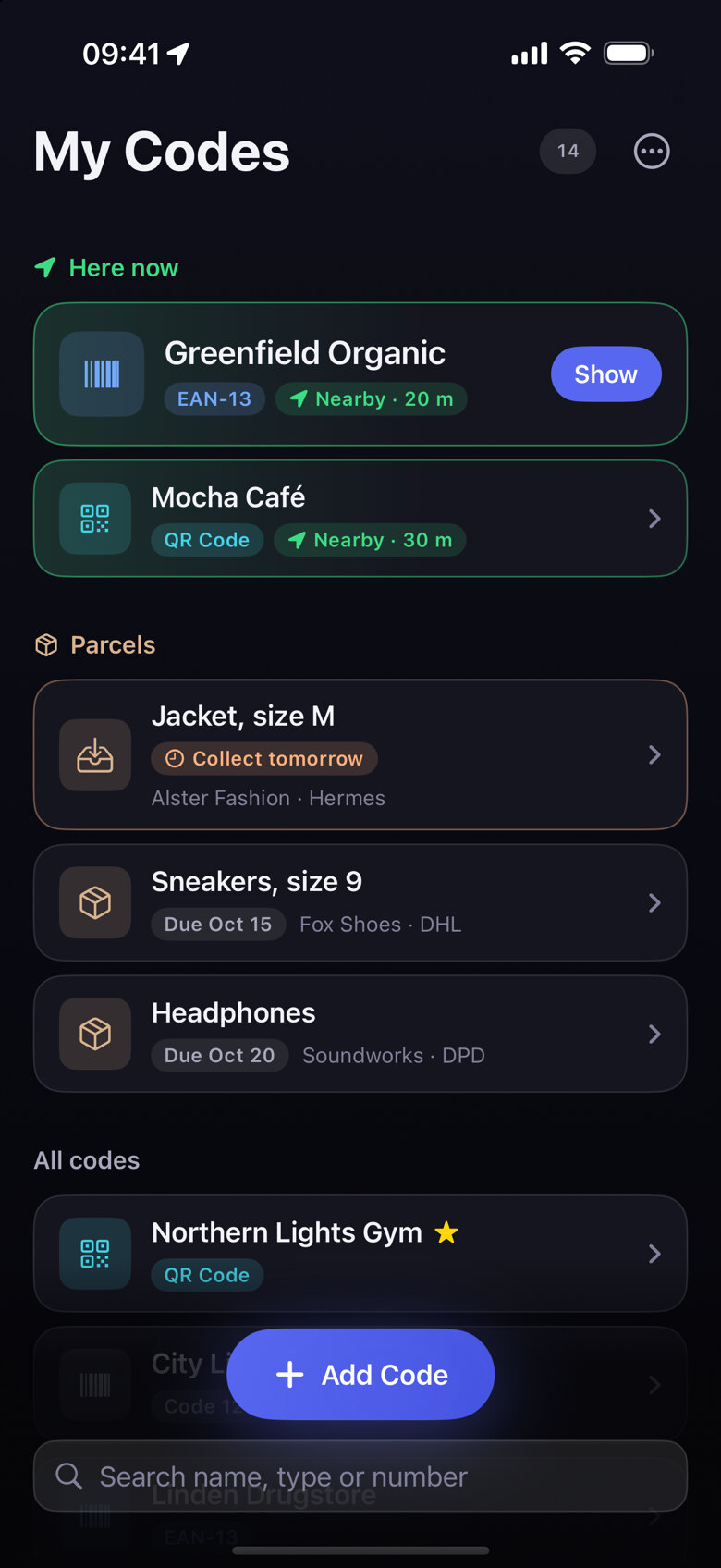 List of saved codes with a supermarket code at the top under “Here now”